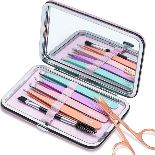 TsMADDTs Pinzas para cabello facial para mujer, juego de pinzas de precisión con estuche de viaje, acero inoxidable con tijera, espejo