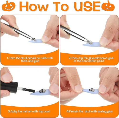 Miniatura 7 de 36 dijes de uñas de Halloween, 12 estilos, plata, forma de calavera, aleación, metal plateado antiguo, decoración de uñas