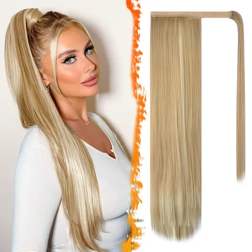 Miniatura 47 de BARSDAR Extensión de cola de caballo de 28 pulgadas largo recto envoltura alrededor del clip en pelo de fibra sintética para mujeres, negro