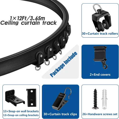 Miniatura 2 de TOKPLNU Riel de cortina de techo, 12 pies, color negro, flexible, flexible, curvado, para montaje en pared, sistema de riel de techo deslizante