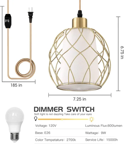 Miniatura 6 de Ruzectt - Lámpara colgante con enchufe, lámpara dorada con interruptor regulable, cable de algodón dorado de 15 pies, lámpara colgante para cocina