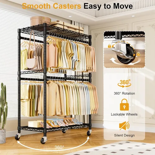 Miniatura 6 de ULIFHOME P4 Plus Perchero Rodante de Ropa Resistente, Percheros de Ropa para Colgar Ropa, Percheros de Vestir Independientes con Ruedas, Perchero
