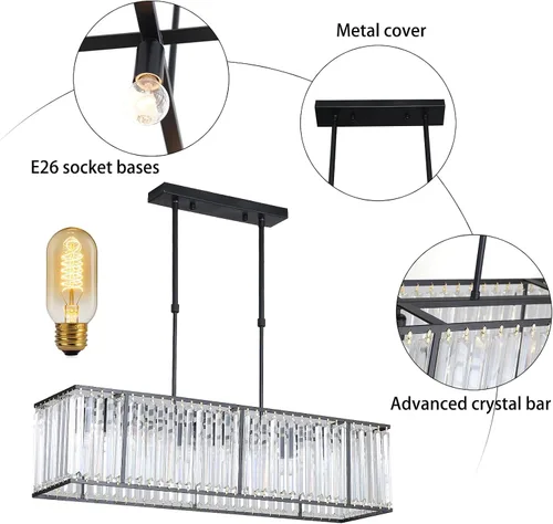 Miniatura 3 de AngelcityCC Candelabro rectangular de cristal moderno de lujo con 4 luces para techo para comedor, cocina, isla de 33.5 pulgadas