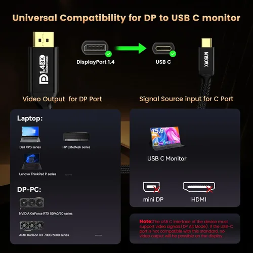 Miniatura 3 de XAOSUN Cable USB C a DisplayPort 1.4 bidireccional 8K @60Hz 4K @240Hz, 6.6FT/2M DP a USB C Thunderbolt 4, funda de aluminio trenzado de nailon