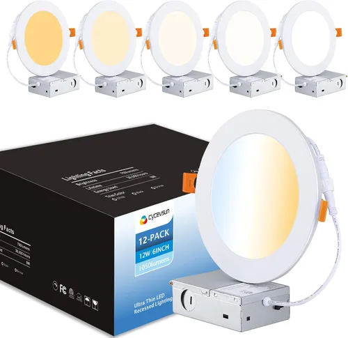 CycevSun Luz LED empotrable de 6 pulgadas, iluminación de oblea, regulable y 3000 K, 4000 K, 5000 K, seleccionable, 12 W, 120 V, clasificación IC,