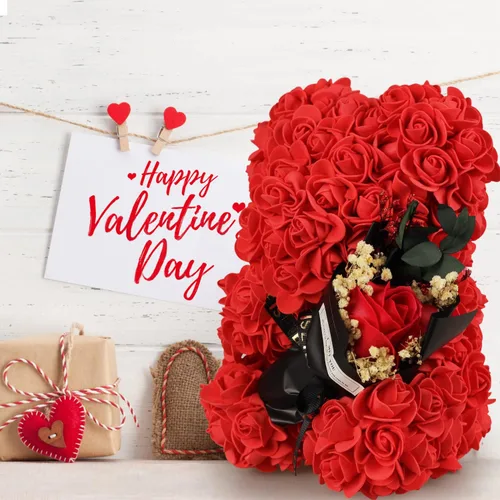 Miniatura 3 de Regalos de oso de rosas para mujer, rosa artificial de oso de rosas con collar I Love You, ramo de flores romántico, regalo para esposa, mamá