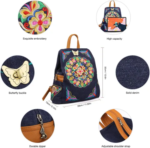 Miniatura 4 de Denim bordado floral lona mochilas para mujeres antirrobo retro jeans viaje estilo étnico bolso de hombro, MochilaBolso, Unitalla, Jean Azul Marino