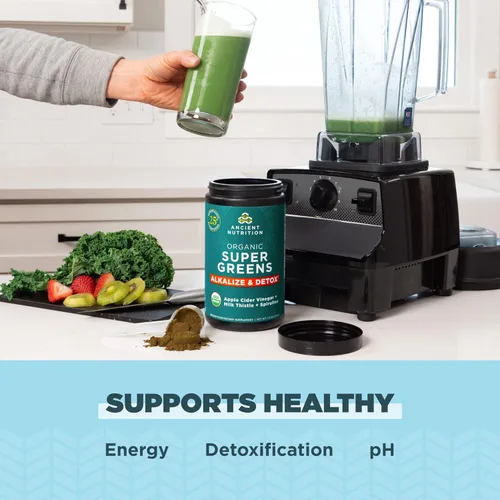 Miniatura 4 de Ancient Nutrition Supergreens Alkalize & Detox - Polvo de superalimento orgánico hecho de frutas reales, verduras y hierbas, para apoyo digestivo