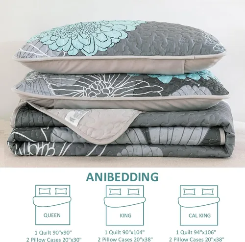Miniatura 6 de Anibedding Juego de edredón con estampado floral verde, tamaño King, colcha de 3 piezas, elegante colcha de flores bohemias con 2 fundas de Gris
