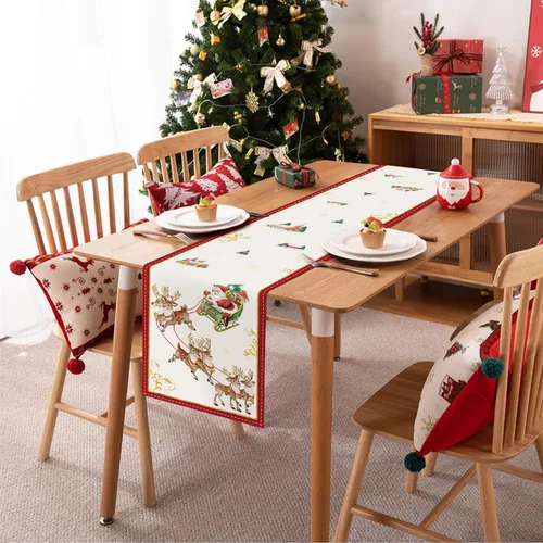 Miniatura 4 de Bonhause Camino de mesa de reno de Navidad de 13 x 72 pulgadas, trineo de Papá Noel, rojo, dorado, temporada de invierno, vacaciones, cocina