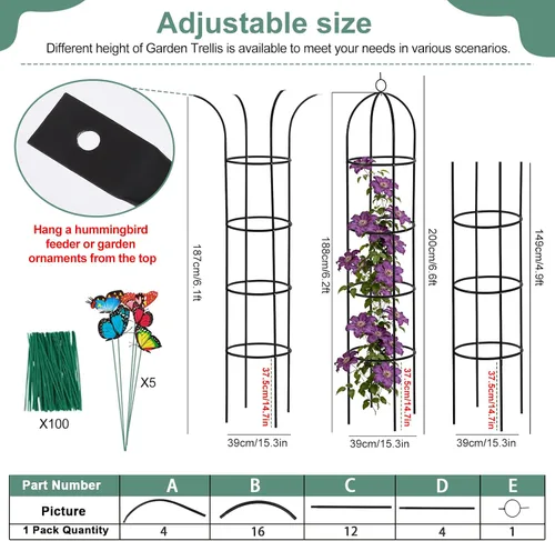 Miniatura 2 de Enrejado de jardín de obelisco 100% metálico de 6.6 pies de alto, soporte resistente para plantas trepadoras y soportes de flores, 1 enrejado