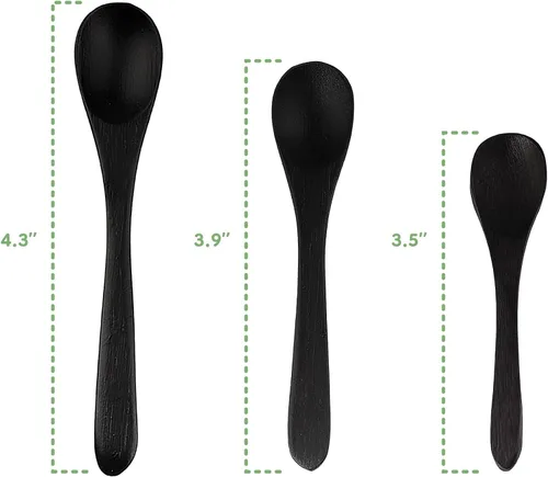 Miniatura 4 de BambooMN Cucharas de bambú para servir, mini cuchara de azúcar con sal, pequeñas cucharas de madera para especias, ovalada negra de 3.5 pulgadas, 10