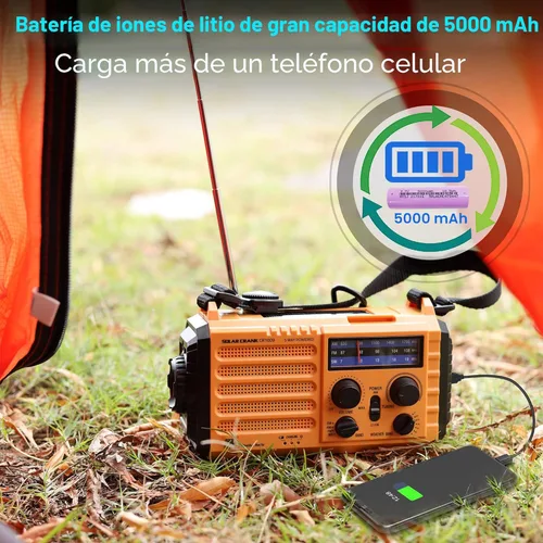 Miniatura 6 de NOAA - Radio meteorológica AM/FM/onda corta, radio de emergencia de 5 vías, 5000 mAh/18500 mWh, manivela solar, cargador de teléfono portátil