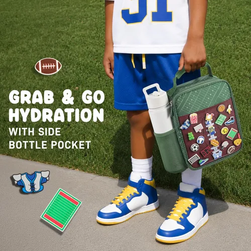 Miniatura 8 de Fit & Fresh Lonchera personalizable con dije para niños y niñas, lonchera infantil de fútbol con 6 dijes deportivos, bolsa de almuerzo reutilizable