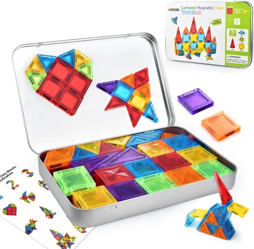 Mini azulejos magnéticos, juego de 70 azulejos magnéticos de viaje con caja de hierro, bloques de construcción magnéticos portátiles para niños de 3