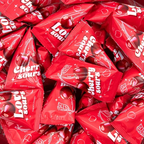 Cherry Sours | 36 mini paquetes | Caramelos masticables a granel envueltos individualmente | Bolas de cereza agria | Caramelo antiguo para cuencos