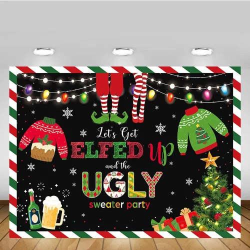 Miniatura 5 de MEHOFOND Telón de fondo de Feliz Navidad de 7 x 5 pies con texto en inglés "Let's Get Elfed up and The Ugly Sweater Party Fotografía", rojo y verde