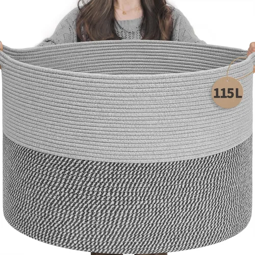 Miniatura 31 de INDRESSME Cesta de Cuerda de Algodón XXXLarge 21.7" x 21.7" x 13.8" Cestas Tejidas para Ropa de Bebé Cestas de Mantas Cesta de Juguetes con Textura