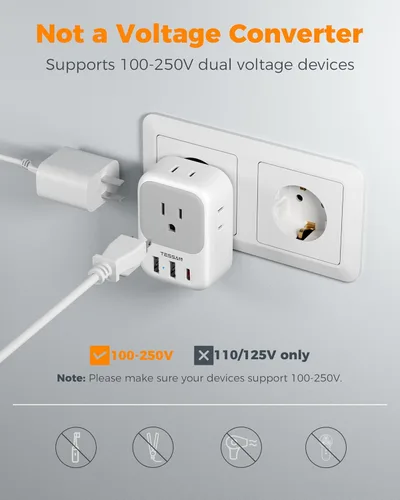 Miniatura 5 de TESSAN Adaptador de Enchufe de Viaje Europeo USB C Paquete de 3, Adaptador de Enchufe de EE.UU. a Europa con 4 Tomas de CA 3 Puertos de Carga USB