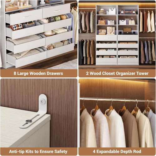 Miniatura 3 de Aheaplus Sistema de Armario, Organizador de Armario de 6-15 Pies con 8 Cajones de Madera, Sistema Organizador de Armario de Madera con Torre