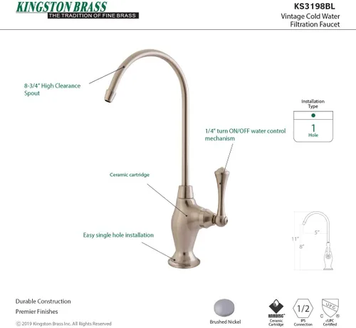 Miniatura 4 de Kingston Brass Gourmetier KS3198BL - Grifo vintage de filtración de agua de un solo mango, níquel cepillado, 11 x 4.75 x 1.75 pulgadas