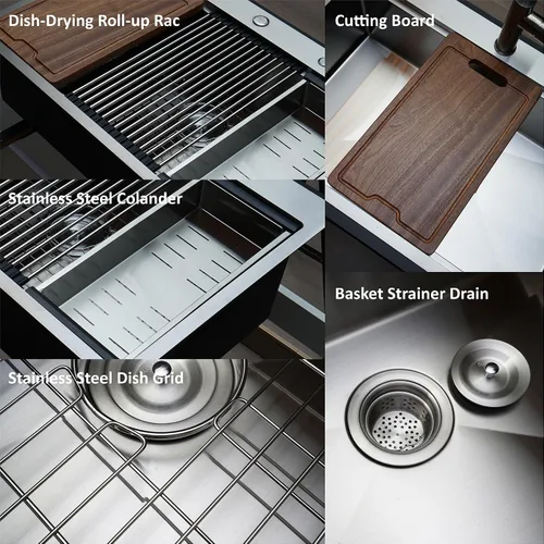 Miniatura 6 de PRUSSIA Fregadero de cocina de 33 pulgadas, 33 x 22 x 10 pulgadas, fregadero de acero inoxidable 304 calibre 16 de un solo tazón Fregadero Topmount