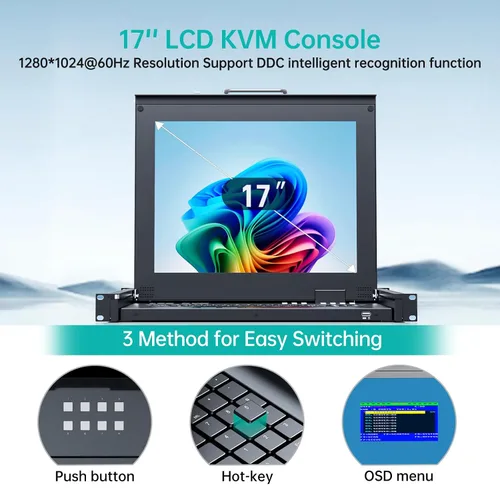 Miniatura 3 de MT-VIKI Conmutador KVM para rack con monitor LCD de 17 pulgadas, conmutador KVM VGA de 16 puertos con monitor táctil de teclado, apto para rack
