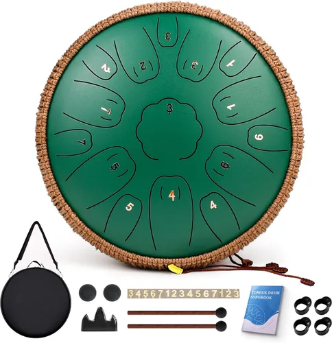Miniatura 18 de Tambor de Lengua de Acero - 15 Notas Tambor de Acero - Instrumento de Tambor Handpan de 14 Pulgadas con Libro de Música, Mazos para Instrumentos