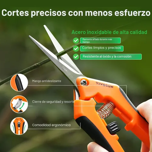 Miniatura 4 de Podadora manual VIVOSUN, para jardinería, con cuchillas rectas de acero inoxidable, Anaranjado