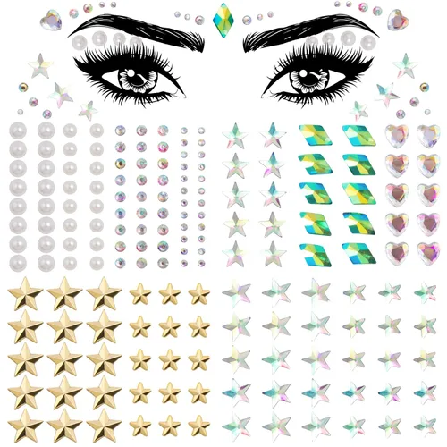 Miniatura 8 de OIIKI 4 hojas de calcomanías de gemas de cara de corazón de estrella, calcomanías de acrílico para joyería de cuerpo, perlas de luna de Halloween