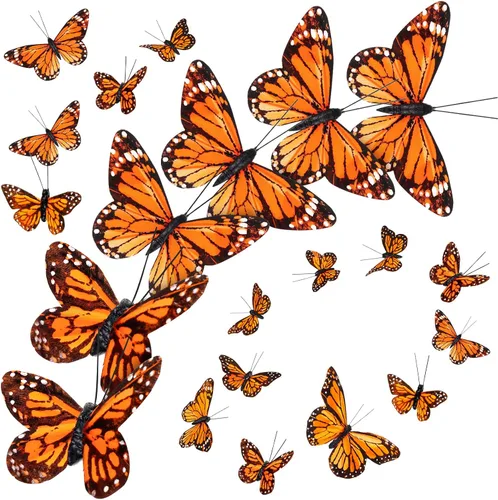 Miniatura 2 de Ysleen 24 piezas de decoración de mariposa monarca de plumas 3D, 4 tamaños, decoraciones de pared de mariposa, calcomanías artificiales falsas