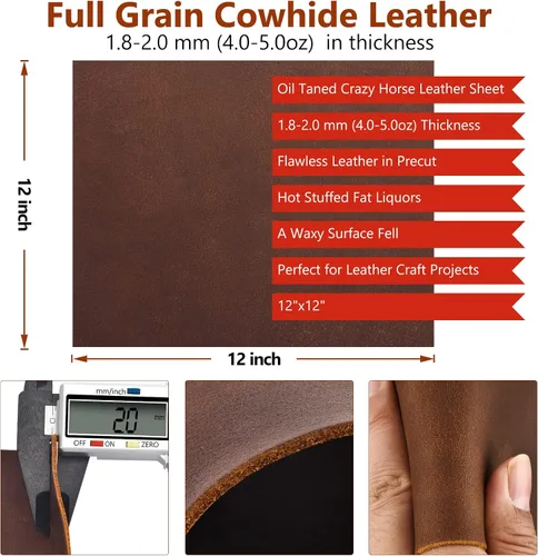 Miniatura 2 de Herramientas de cuero genuino cuadrado 1.8-2.0 mm de espesor genuino de grano completo tostado con aceite de vaca de caballo loco para manualidades