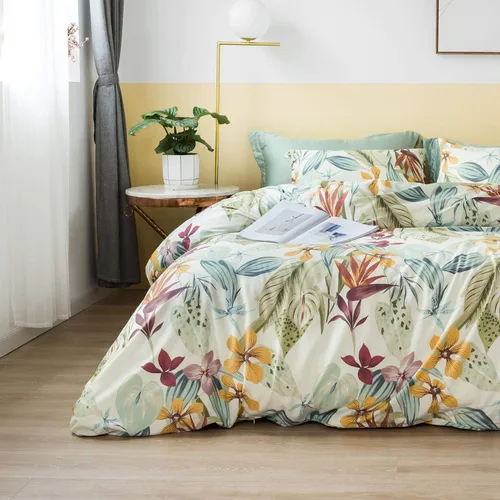 Miniatura 2 de SUSYBAO - Funda de edredón floral tropical tamaño King, 100% algodón egipcio, diseño floral amarillo, juego de 3 piezas, 1 funda de edredón