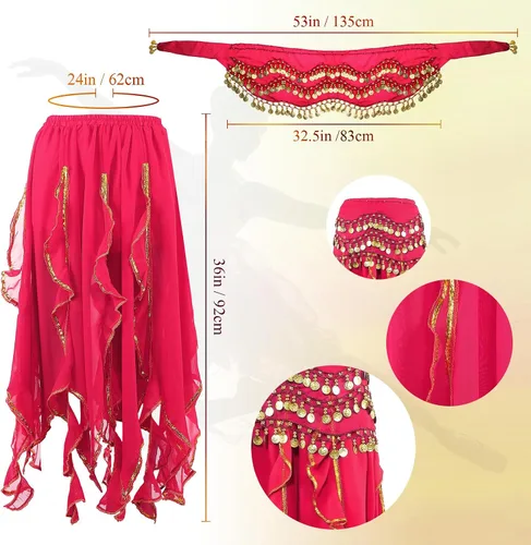 Miniatura 31 de Haysandy Conjunto de 8 piezas de danza del vientre para mujer, falda de danza del vientre, bufanda de cadera, 2 pulseras, aretes, pulsera de tobillo
