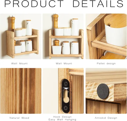 Miniatura 5 de Estante de especias de madera de 2 niveles, organizador de encimera para cocina y baño, estante de almacenamiento multiusos para cosméticos