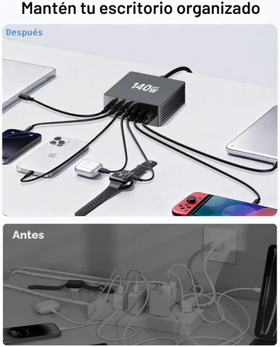 Miniatura 8 de Estación de carga USB C, estación de carga rápida GaN III de 7 puertos de 140 W, estación de carga USB PD 3.0 para múltiples dispositivos