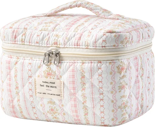 Miniatura 19 de HBselect Bolsa de Maquillaje Acolchada, Bolsa de Maquillaje Grande de Algodón para Viaje, Lindas Bolsas de Maquillaje con Flores Coquette, Bolsas