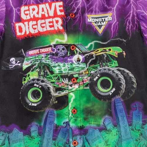 Miniatura 3 de Monster Jam Trucks Grave Digger - Camisa hawaiana de manga corta con botones para niños