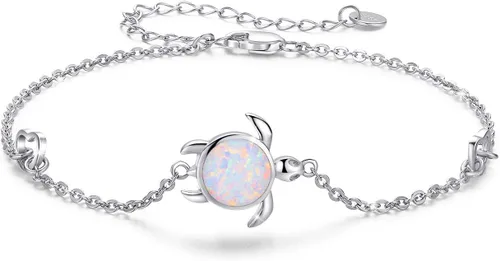 Cuoka Pulsera de tortuga de plata de ley 925 con ópalo y tortuga marina, pulsera de tortuga de mar, pulsera de naturaleza oceánica, regalo para ella