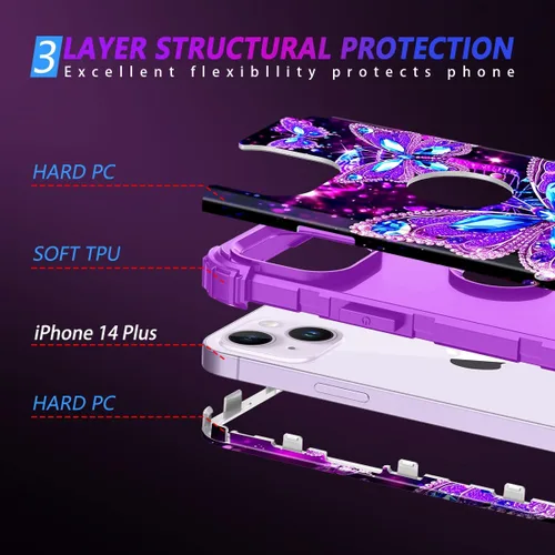Miniatura 4 de Miqala Funda compatible con iPhone 14 Plus, que brilla en la oscuridad, tres capas, resistente, a prueba de golpes, de plástico duro, funda Amaranto