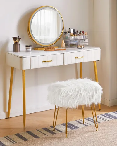 Miniatura 5 de IBUYKE Taburete rectangular de piel sintética con almacenamiento, silla de maquillaje peluda, asiento acolchado suave, reposapiés redondo con 4