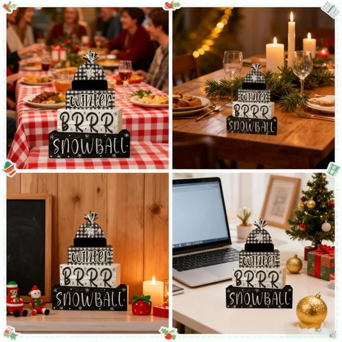 Miniatura 6 de 4 piezas de decoraciones navideñas para interiores - decoración de mesa de bola de nieve de madera para el hogar - centro de mesa navideño