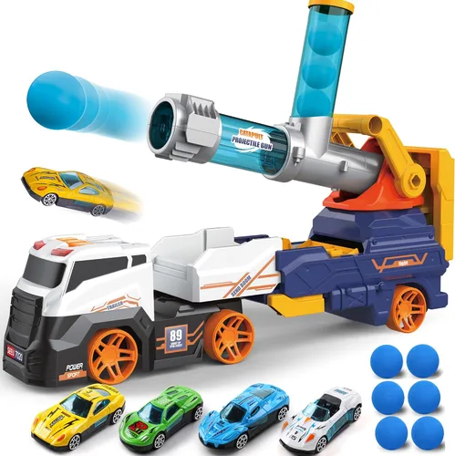 Dwi Dowellin Juguetes de Camión para Niños, Juguetes de Coche Grande de 71 cm que Incluyen 4 Autos de Carreras+6 Bolas de Espuma Suave, con Luz y