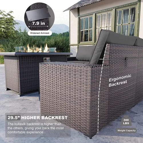 Miniatura 3 de Kullavik Juego de 7 muebles de patio al aire libre con mesa de fogata de gas propano de 43 pulgadas, 55000 BTU, sofá seccional de ratán de Gris