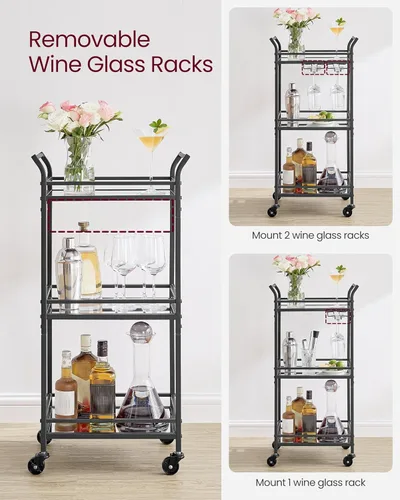 Miniatura 5 de VASAGLE Carrito de Bar, Carrito de Servicio de Bar para el Hogar, Carrito de Servicio de Bar Pequeño con Estante de 3 Niveles, Soportes para Vino