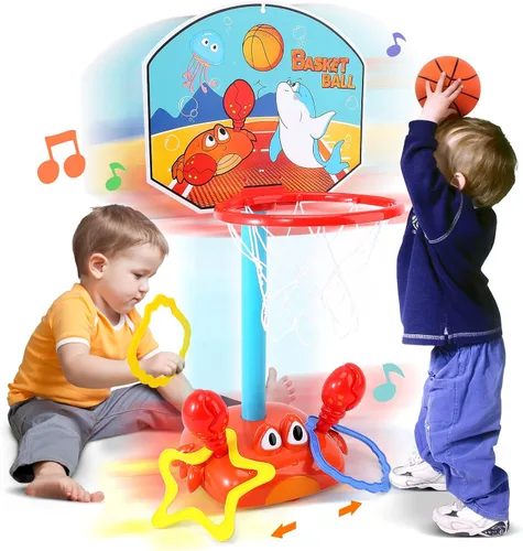 Aro de baloncesto para niños pequeños, juego de juguetes deportivos 2 en 1 para niños, juego de lanzamiento de anillos con sonido musical, aro de
