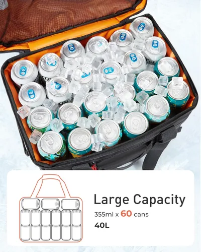 Miniatura 5 de TOURIT Lonchera térmica con lados blandos 48/60 latas gran bolsa de almuerzo plegable, caja de hielo, 8.4/10.6 galones enfriadores sin fugas y Negro