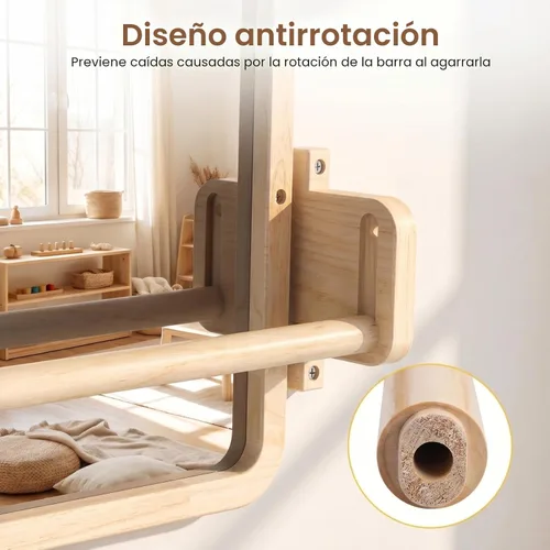 Miniatura 8 de Woodtoe Espejo Montessori con barra, juguetes ajustables para bebés, marco de madera maciza sin pintar natural y barra de dominadas para bebés