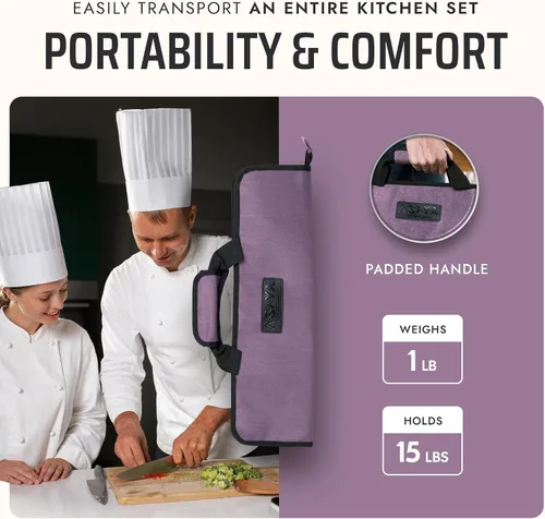 Miniatura 5 de Asaya Bolsa enrollable para cuchillos de chef, 12 bolsillos para cuchillos y utensilios de cocina, nailon ligero, duradero y resistente a las Púrpura