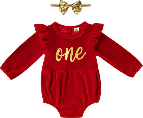 Miniatura 8 de GRNSHTS Ropa de primer cumpleaños para niña de terciopelo de un año de edad, mameluco de manga larga + diadema, 2 piezas de trajes de pastel